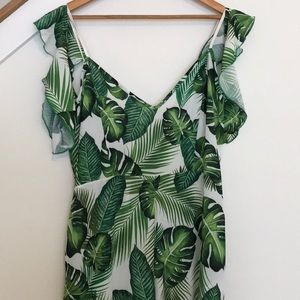 BOOHOO banana palm leaf jumpsuit off shoulder